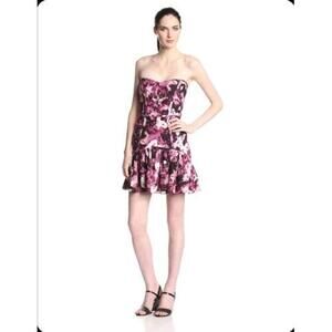Parker Strapless Silk Dress Party‎ Cocktail Large Rosewood Floral Flounce NEW